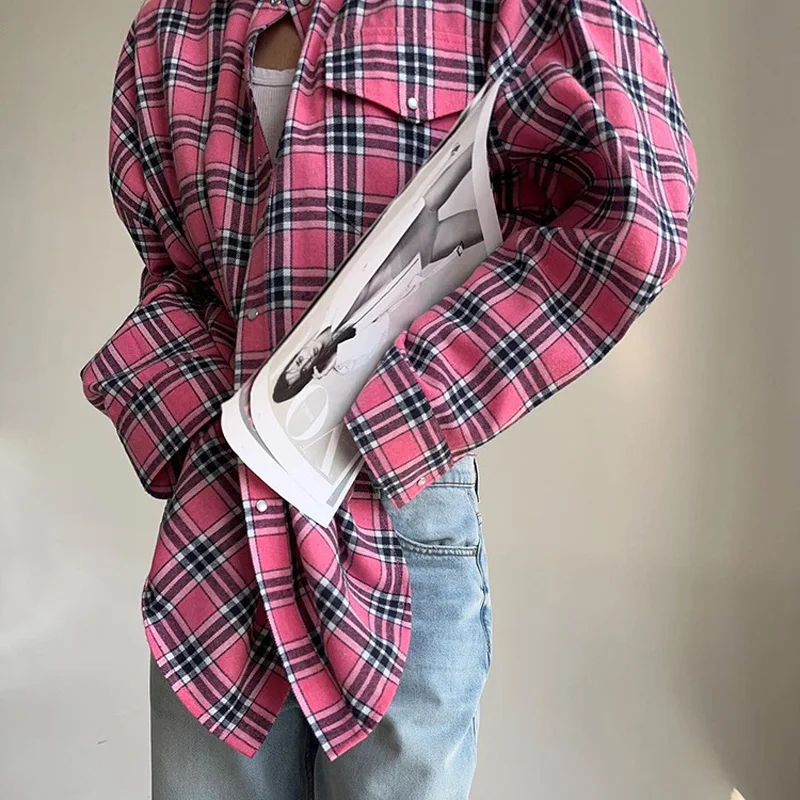 Mumaroho 2023 Autumn Winter Women Vintage Oversized Plaid Shirt Flannel Casual Long Sleeve Loose Fit Blouse Female