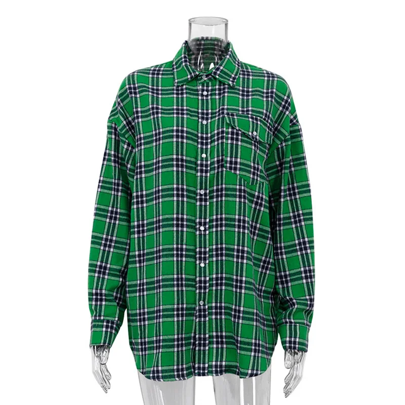 Mumaroho 2023 Autumn Winter Women Vintage Oversized Plaid Shirt Flannel Casual Long Sleeve Loose Fit Blouse Female