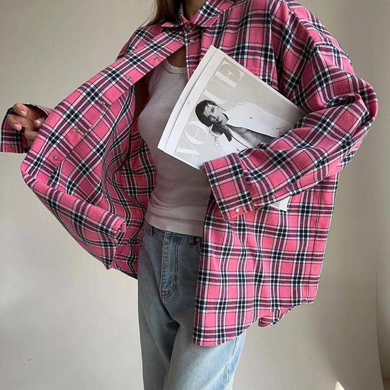 Mumaroho 2023 Autumn Winter Women Vintage Oversized Plaid Shirt Flannel Casual Long Sleeve Loose Fit Blouse Female