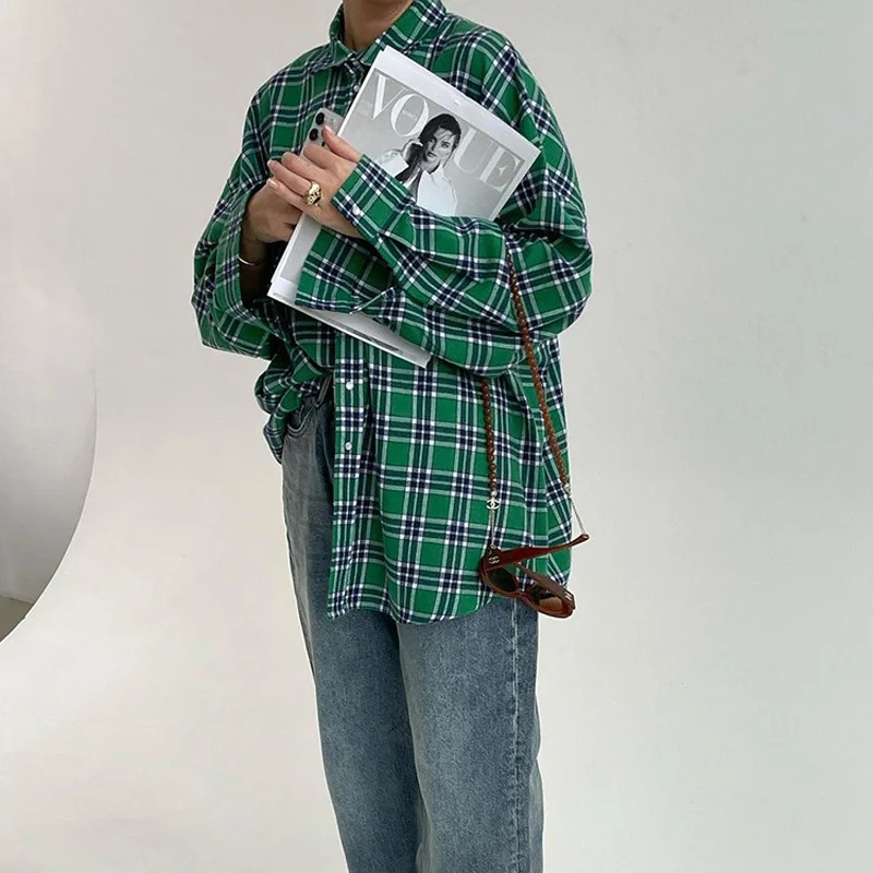 Mumaroho 2023 Autumn Winter Women Vintage Oversized Plaid Shirt Flannel Casual Long Sleeve Loose Fit Blouse Female
