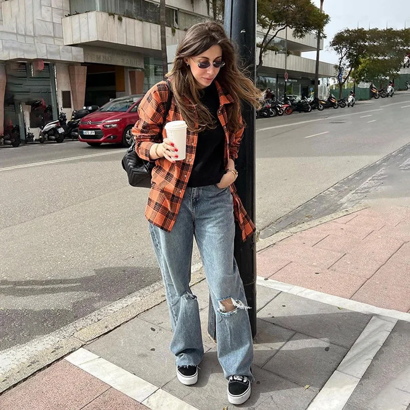 Mumaroho 2023 Autumn Winter Women Vintage Oversized Plaid Shirt Flannel Casual Long Sleeve Loose Fit Blouse Female