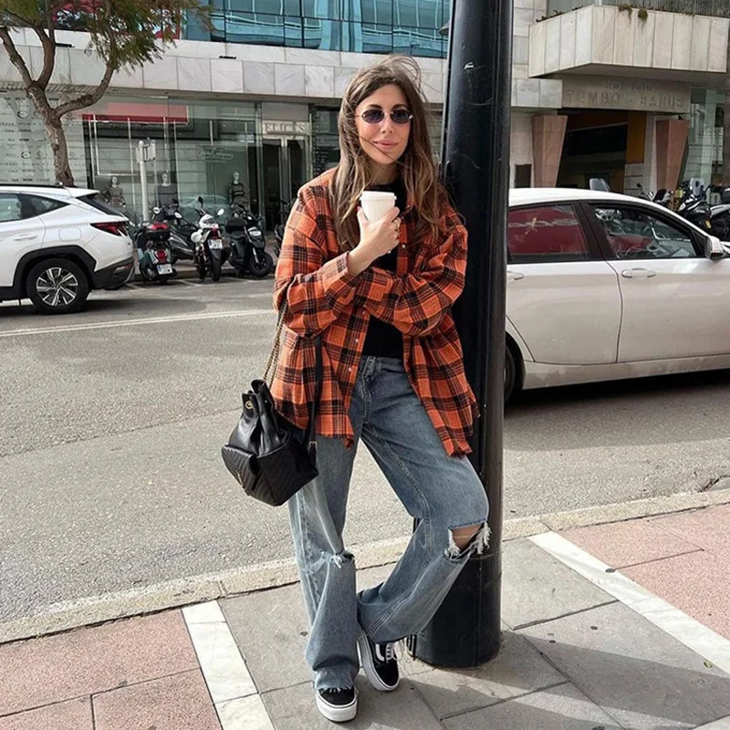 Mumaroho 2023 Autumn Winter Women Vintage Oversized Plaid Shirt Flannel Casual Long Sleeve Loose Fit Blouse Female