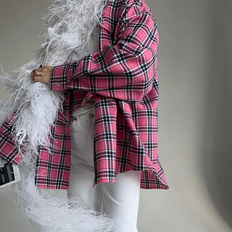 Mumaroho 2023 Autumn Winter Women Vintage Oversized Plaid Shirt Flannel Casual Long Sleeve Loose Fit Blouse Female