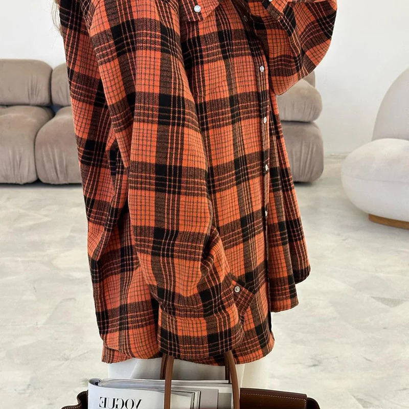 Mumaroho 2023 Autumn Winter Women Vintage Oversized Plaid Shirt Flannel Casual Long Sleeve Loose Fit Blouse Female