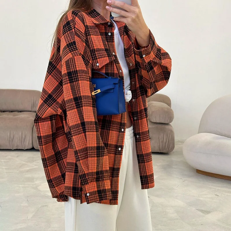 Mumaroho 2023 Autumn Winter Women Vintage Oversized Plaid Shirt Flannel Casual Long Sleeve Loose Fit Blouse Female