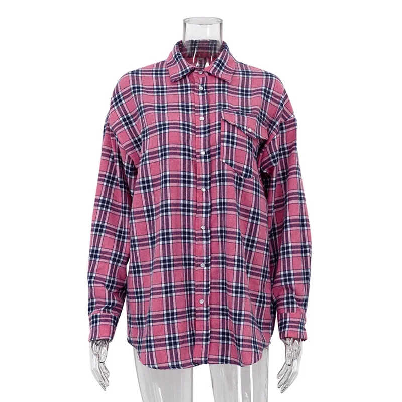 Mumaroho 2023 Autumn Winter Women Vintage Oversized Plaid Shirt Flannel Casual Long Sleeve Loose Fit Blouse Female