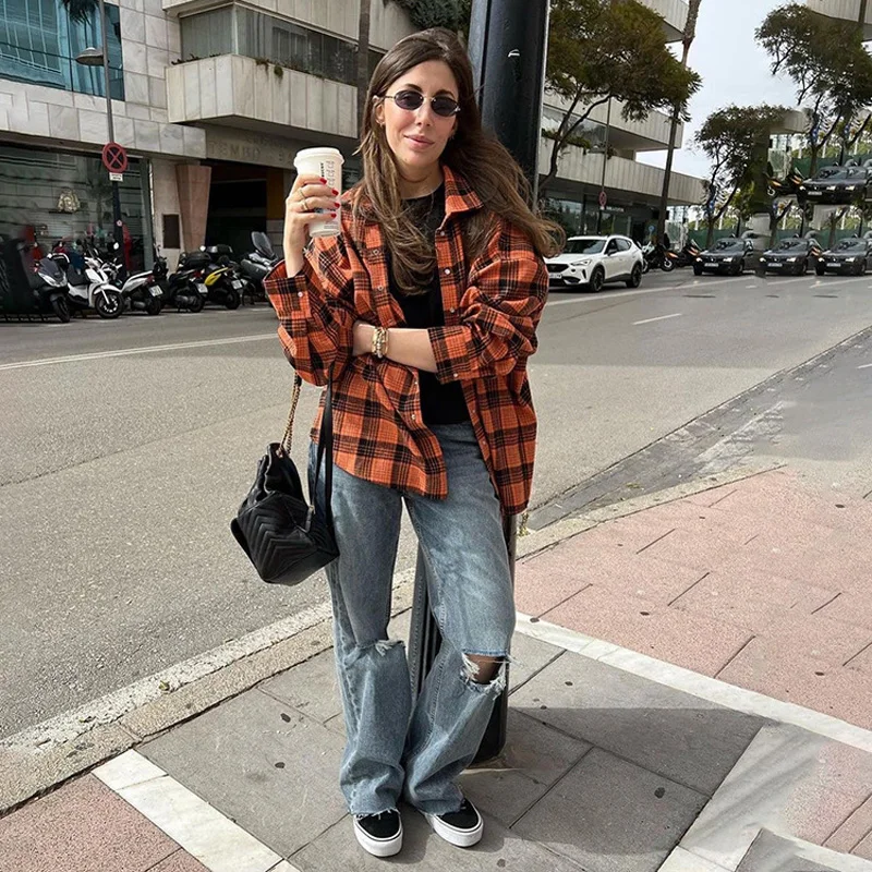 Mumaroho 2023 Autumn Winter Women Vintage Oversized Plaid Shirt Flannel Casual Long Sleeve Loose Fit Blouse Female