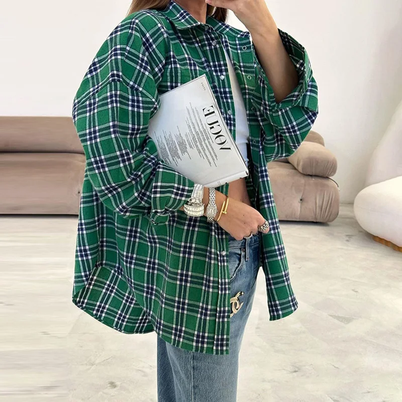 Mumaroho 2023 Autumn Winter Women Vintage Oversized Plaid Shirt Flannel Casual Long Sleeve Loose Fit Blouse Female