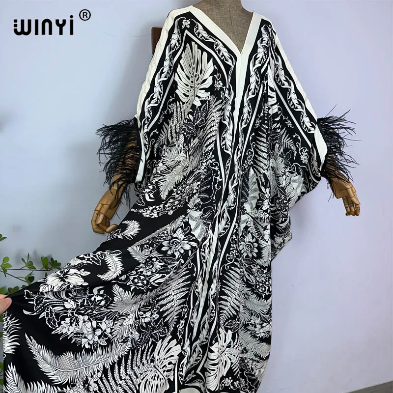 2023 WINYI beach Dresses For Women fashion print V-neck Kaftan Clothes Sexy Boho Feather Sleeve Robe Evening Long dress