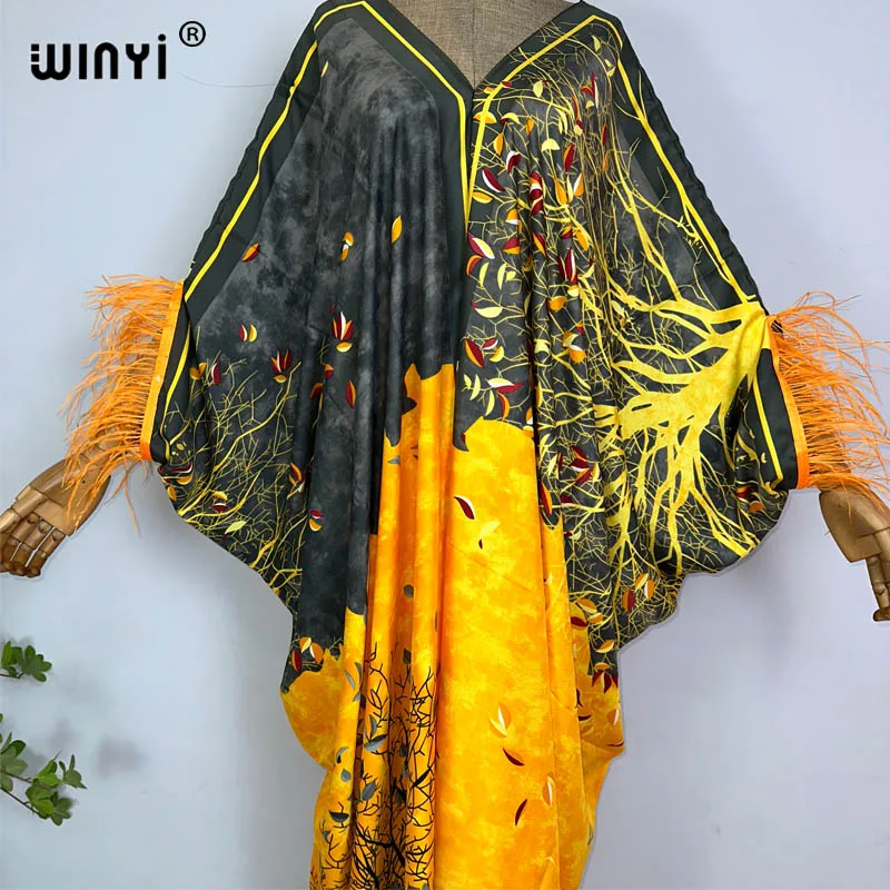 2023 WINYI beach Dresses For Women fashion print V-neck Kaftan Clothes Sexy Boho Feather Sleeve Robe Evening Long dress