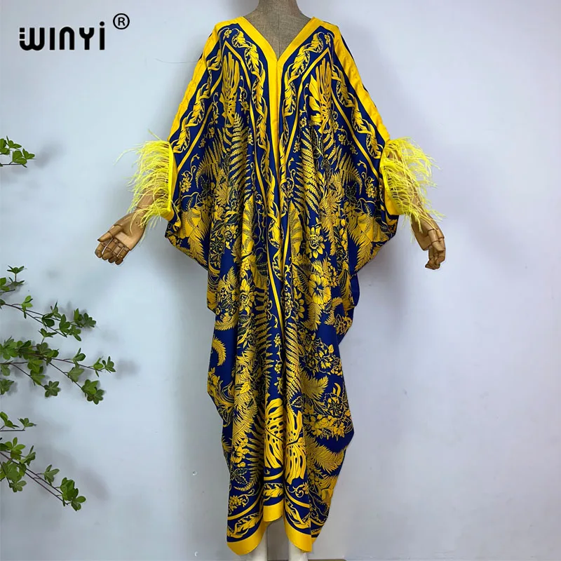 2023 WINYI beach Dresses For Women fashion print V-neck Kaftan Clothes Sexy Boho Feather Sleeve Robe Evening Long dress