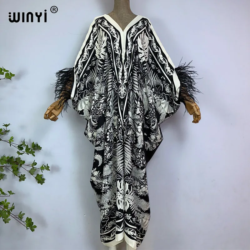 2023 WINYI beach Dresses For Women fashion print V-neck Kaftan Clothes Sexy Boho Feather Sleeve Robe Evening Long dress