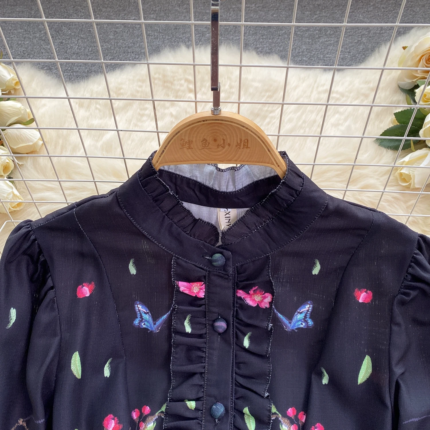 Spring Runway Holiday Linen Dress Women Stand Collar Long Lantern Sleeve Flower Print Single Breasted Belt Mini Vestidos