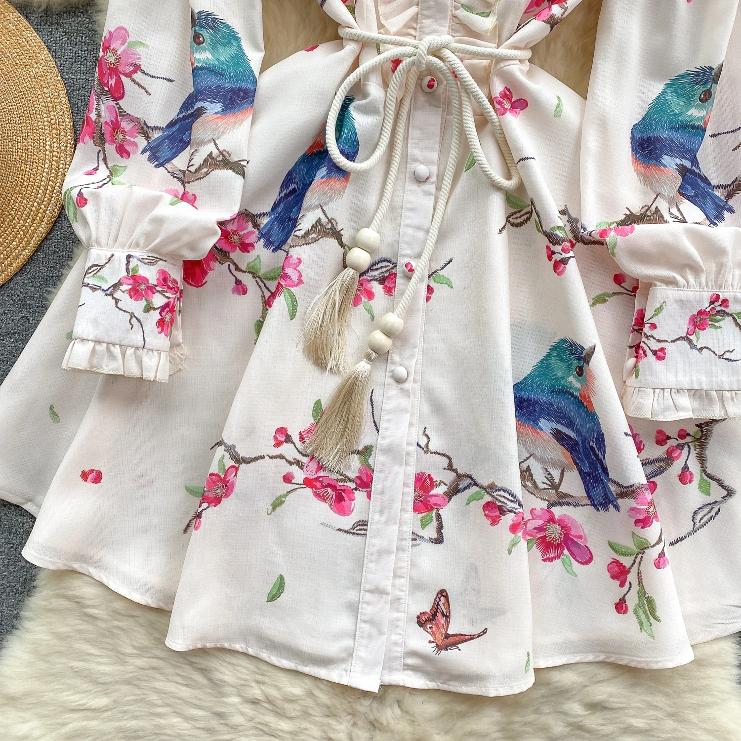 Spring Runway Holiday Linen Dress Women Stand Collar Long Lantern Sleeve Flower Print Single Breasted Belt Mini Vestidos