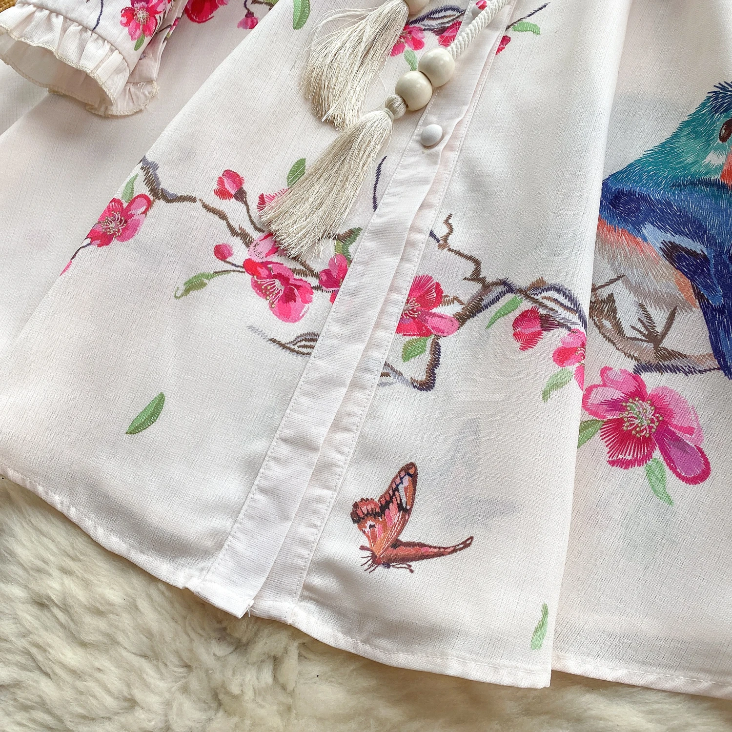 Spring Runway Holiday Linen Dress Women Stand Collar Long Lantern Sleeve Flower Print Single Breasted Belt Mini Vestidos