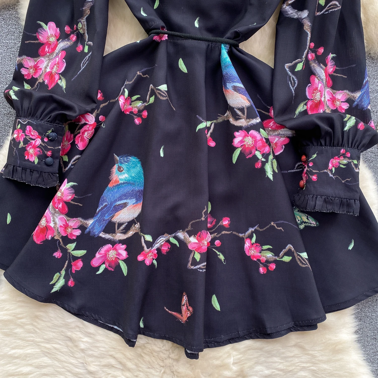 Spring Runway Holiday Linen Dress Women Stand Collar Long Lantern Sleeve Flower Print Single Breasted Belt Mini Vestidos