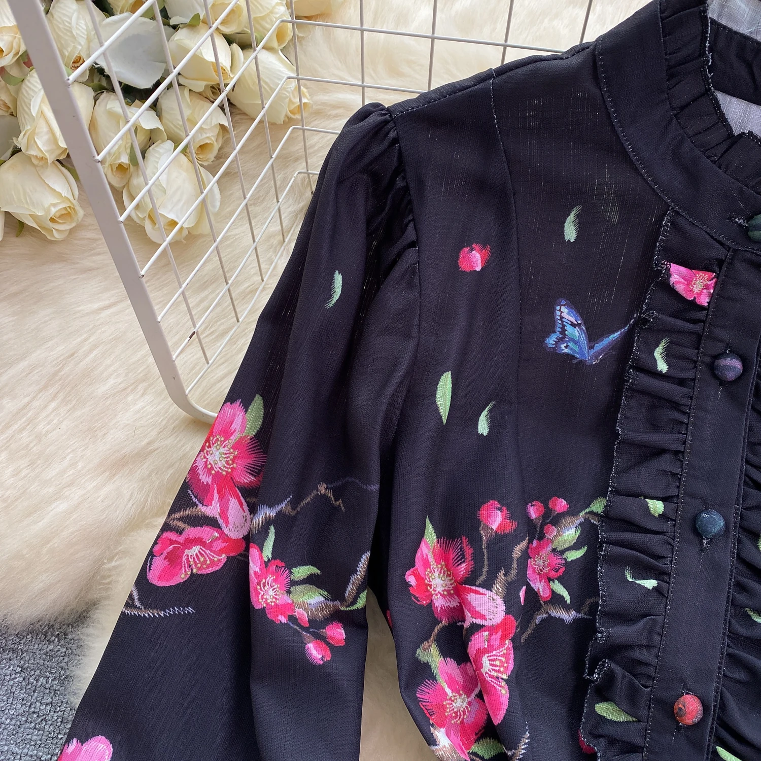 Spring Runway Holiday Linen Dress Women Stand Collar Long Lantern Sleeve Flower Print Single Breasted Belt Mini Vestidos