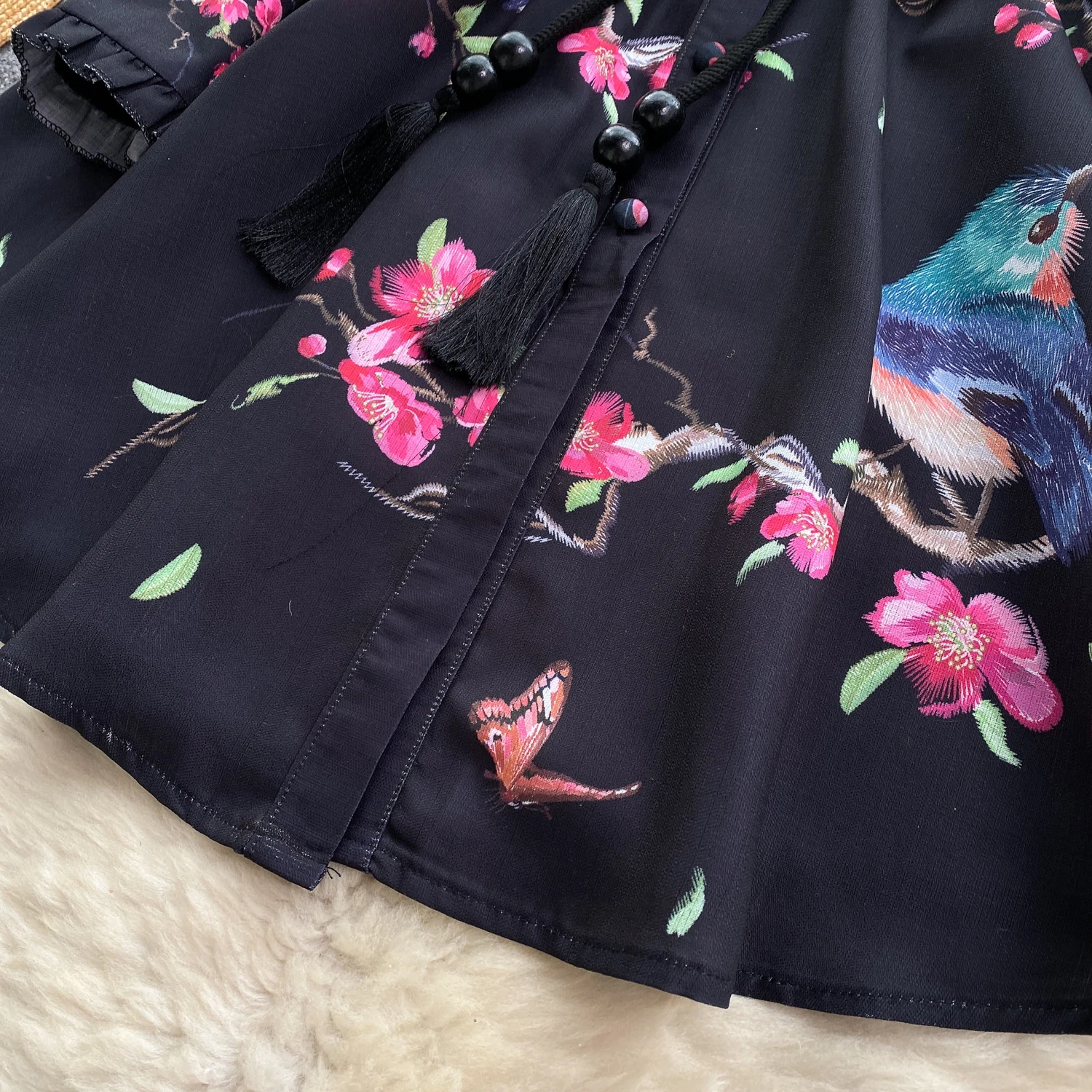 Spring Runway Holiday Linen Dress Women Stand Collar Long Lantern Sleeve Flower Print Single Breasted Belt Mini Vestidos