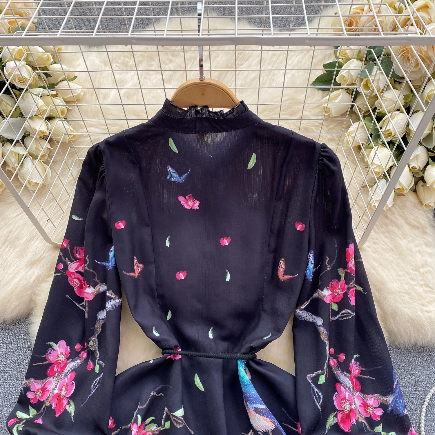 Spring Runway Holiday Linen Dress Women Stand Collar Long Lantern Sleeve Flower Print Single Breasted Belt Mini Vestidos
