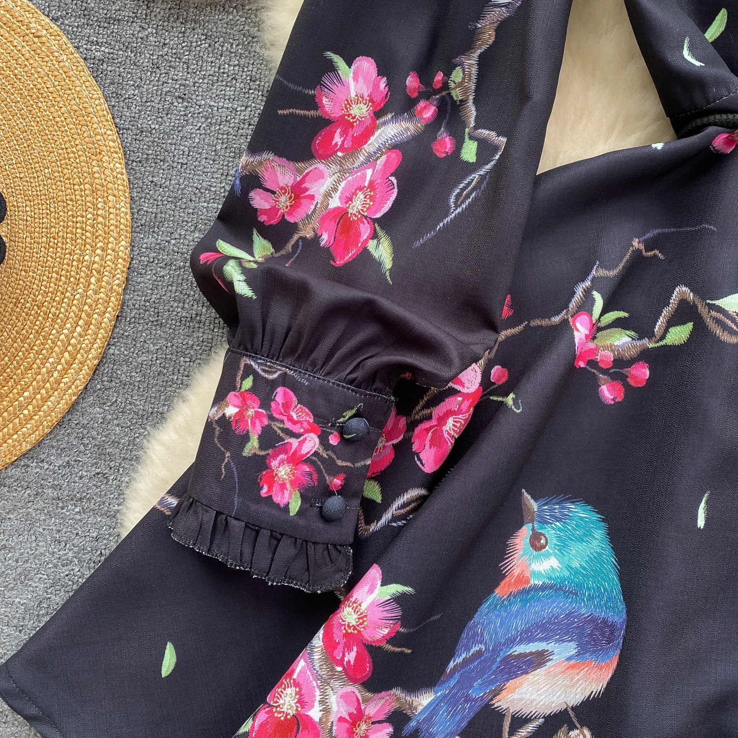 Spring Runway Holiday Linen Dress Women Stand Collar Long Lantern Sleeve Flower Print Single Breasted Belt Mini Vestidos