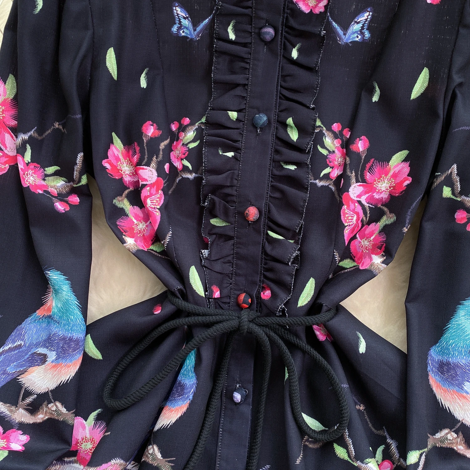 Spring Runway Holiday Linen Dress Women Stand Collar Long Lantern Sleeve Flower Print Single Breasted Belt Mini Vestidos