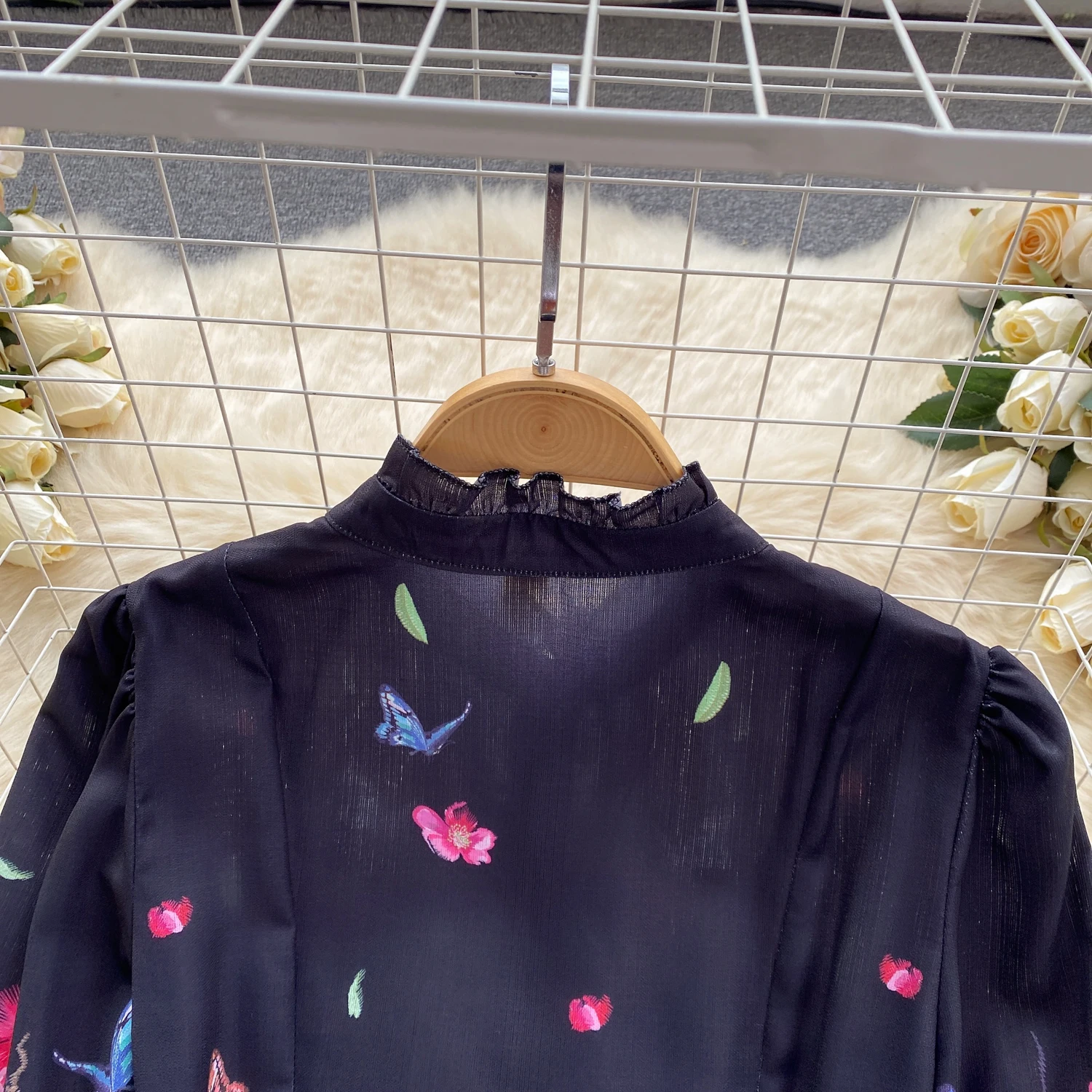 Spring Runway Holiday Linen Dress Women Stand Collar Long Lantern Sleeve Flower Print Single Breasted Belt Mini Vestidos