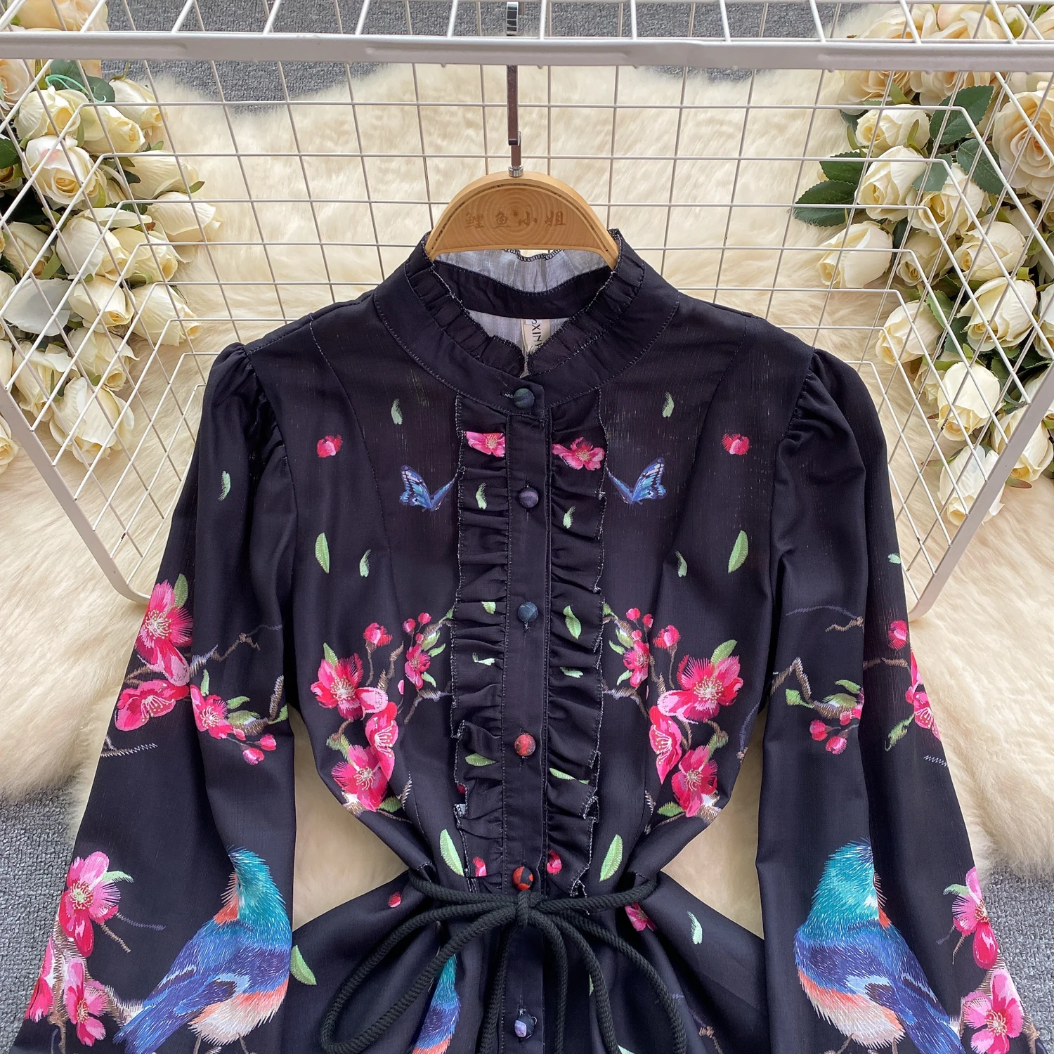 Spring Runway Holiday Linen Dress Women Stand Collar Long Lantern Sleeve Flower Print Single Breasted Belt Mini Vestidos