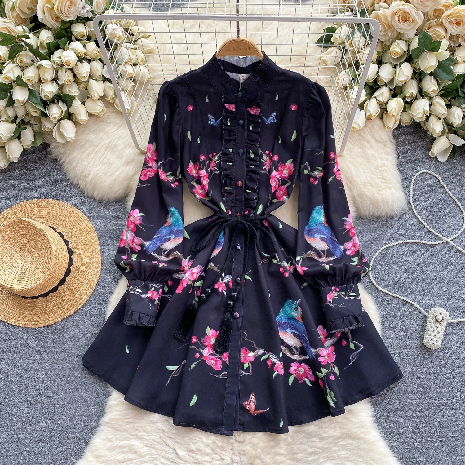 Spring Runway Holiday Linen Dress Women Stand Collar Long Lantern Sleeve Flower Print Single Breasted Belt Mini Vestidos