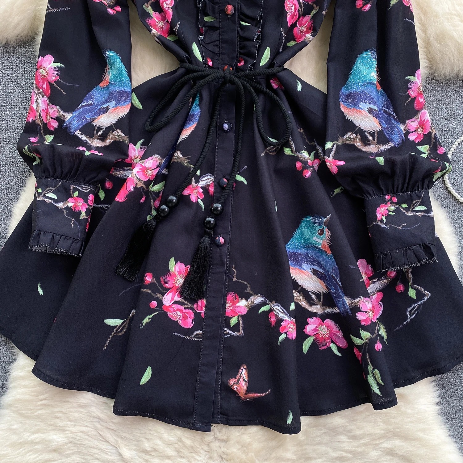 Spring Runway Holiday Linen Dress Women Stand Collar Long Lantern Sleeve Flower Print Single Breasted Belt Mini Vestidos