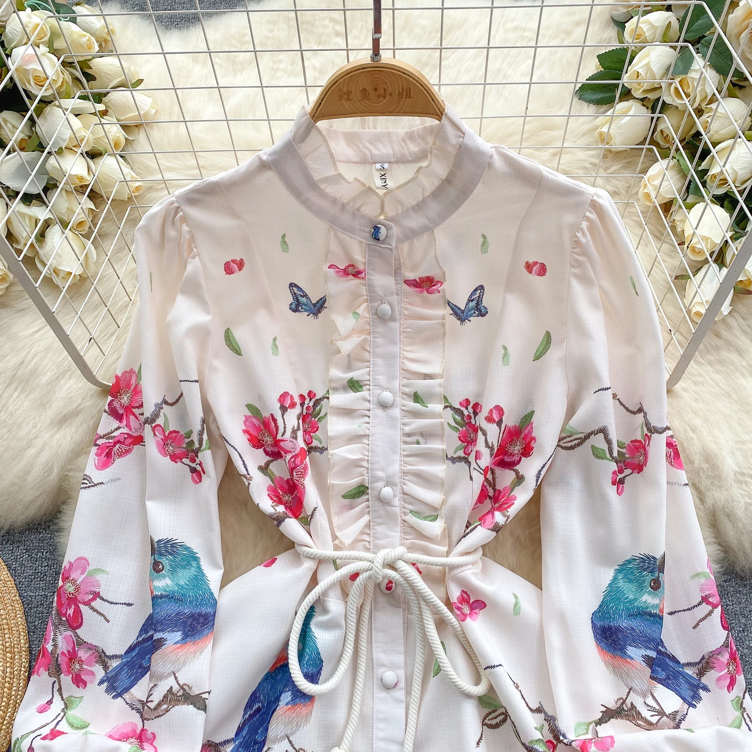 Spring Runway Holiday Linen Dress Women Stand Collar Long Lantern Sleeve Flower Print Single Breasted Belt Mini Vestidos
