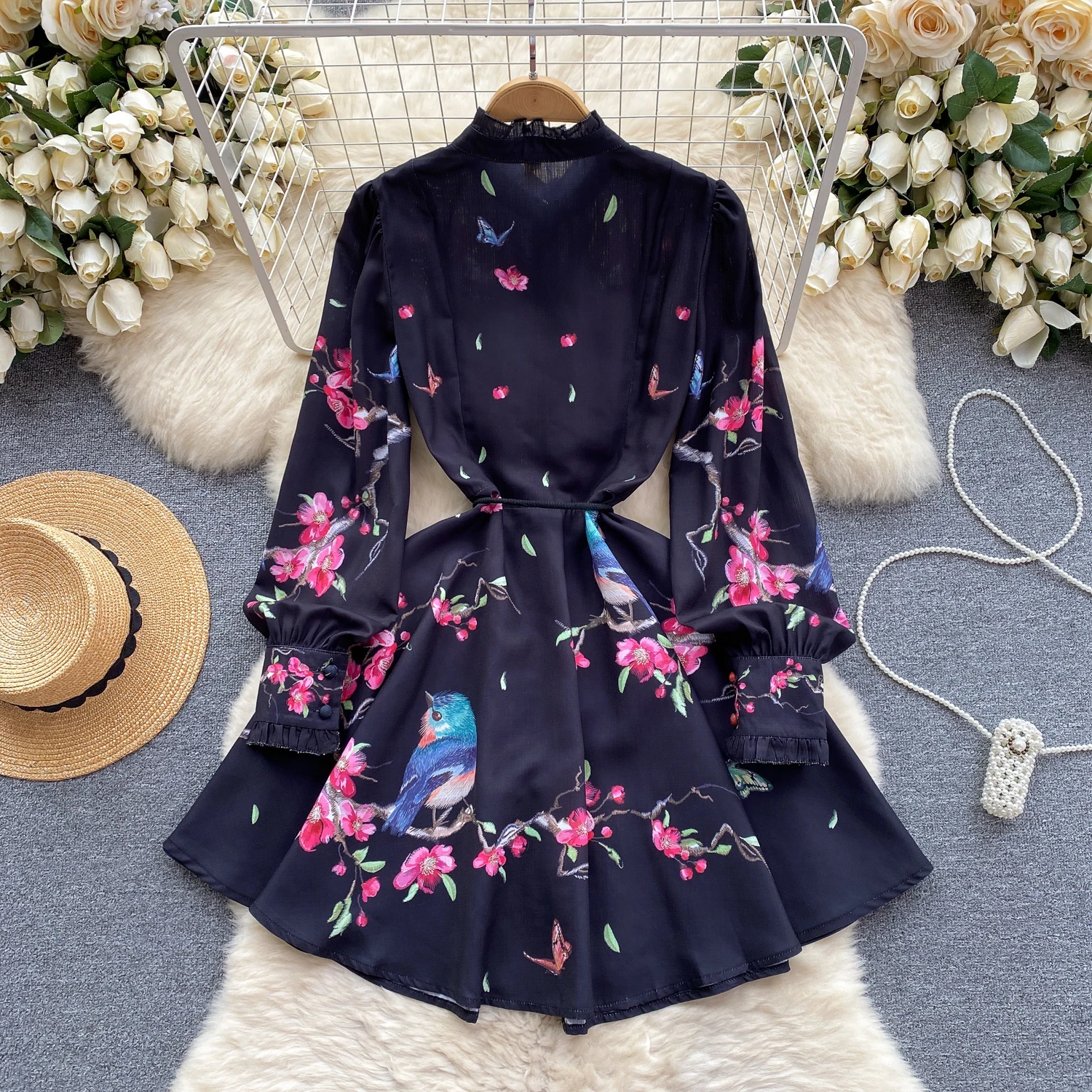 Spring Runway Holiday Linen Dress Women Stand Collar Long Lantern Sleeve Flower Print Single Breasted Belt Mini Vestidos