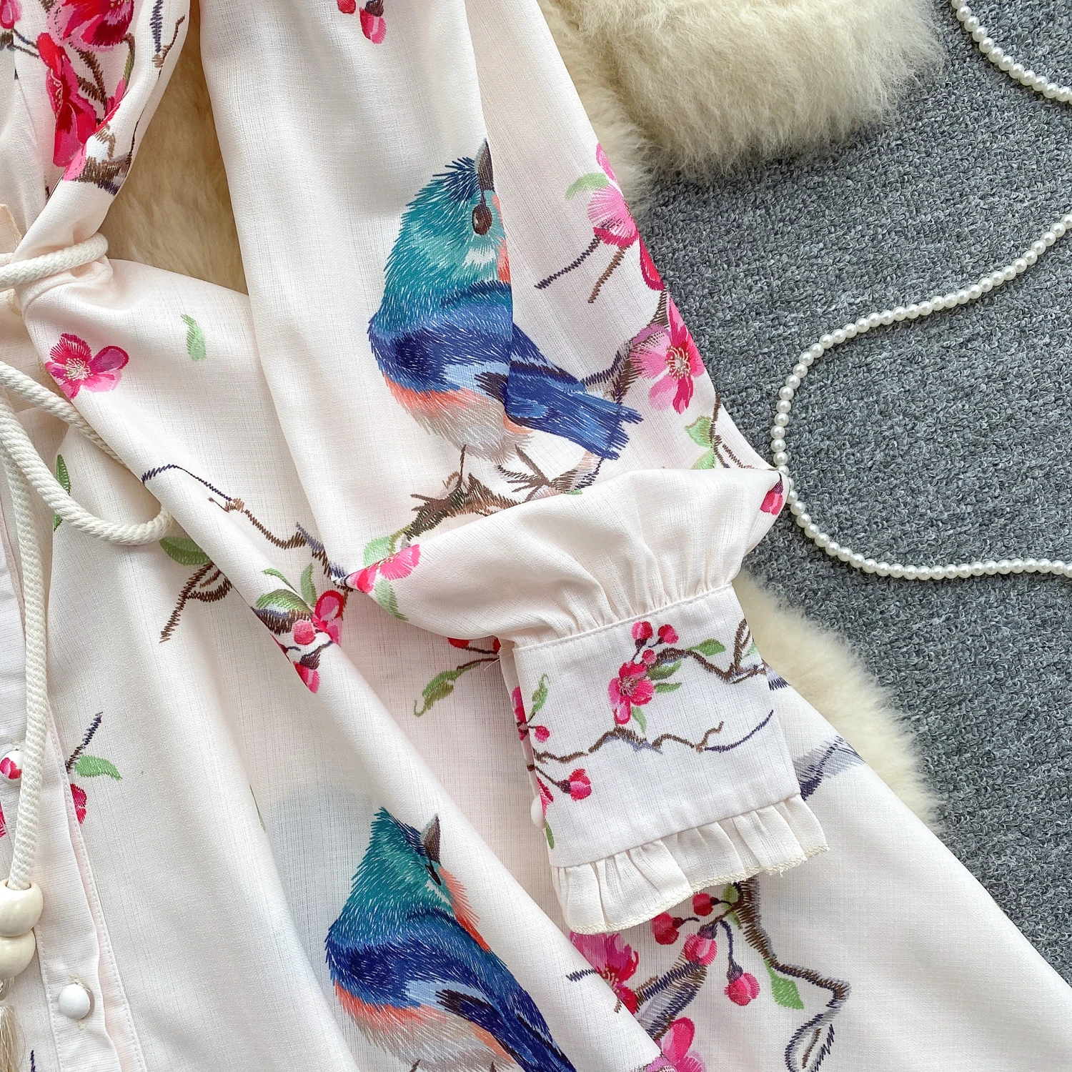 Spring Runway Holiday Linen Dress Women Stand Collar Long Lantern Sleeve Flower Print Single Breasted Belt Mini Vestidos