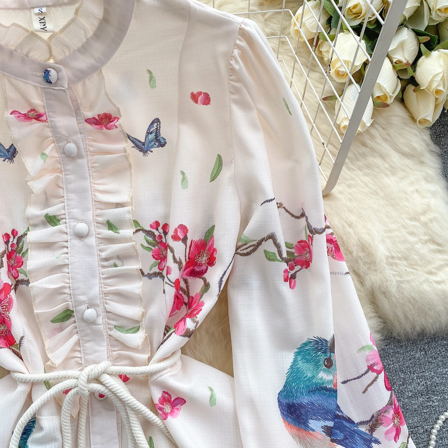 Spring Runway Holiday Linen Dress Women Stand Collar Long Lantern Sleeve Flower Print Single Breasted Belt Mini Vestidos
