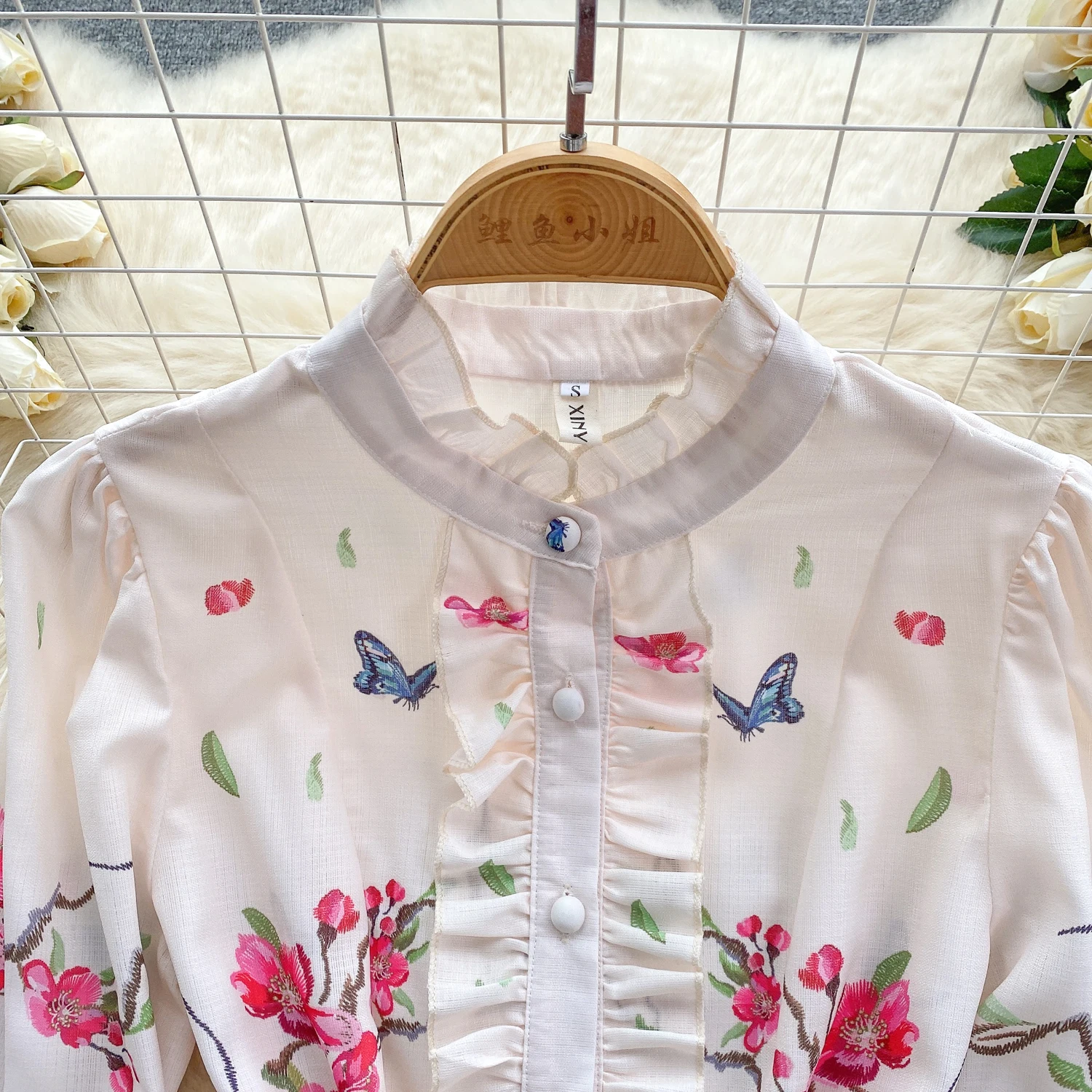 Spring Runway Holiday Linen Dress Women Stand Collar Long Lantern Sleeve Flower Print Single Breasted Belt Mini Vestidos