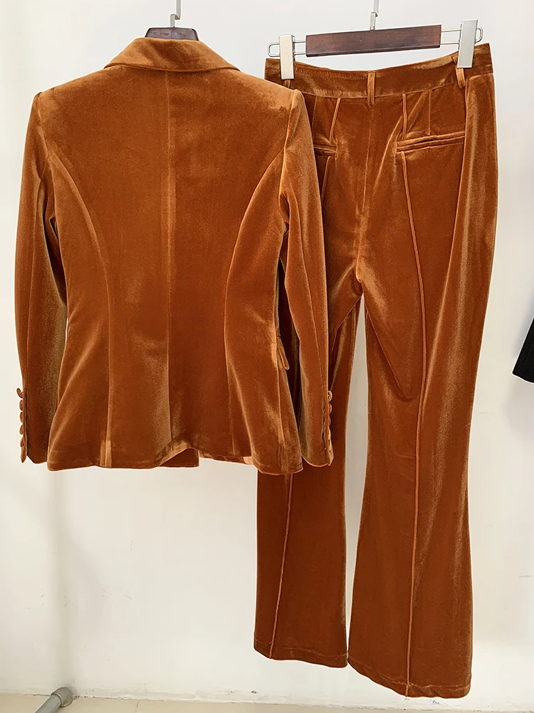 HIGH STREET Newest 2026 F/W Designer Suit Set Women's Single Button Velvet Blazer Flare Pants Set 2pcs