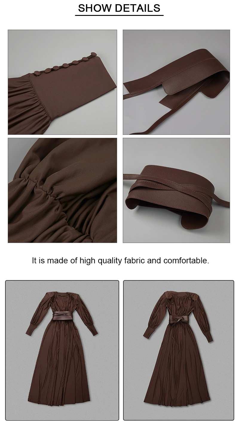 VC 2026 New Fashion Dresses For Women Plunging V Neck High Waist Belt Long Sleeves Wedding Party Dress Brown Gowns