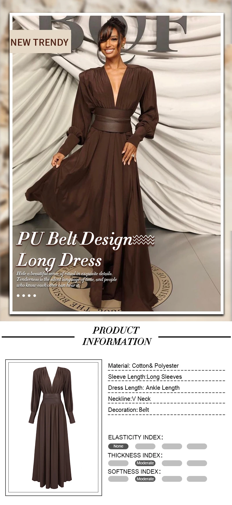 VC 2026 New Fashion Dresses For Women Plunging V Neck High Waist Belt Long Sleeves Wedding Party Dress Brown Gowns