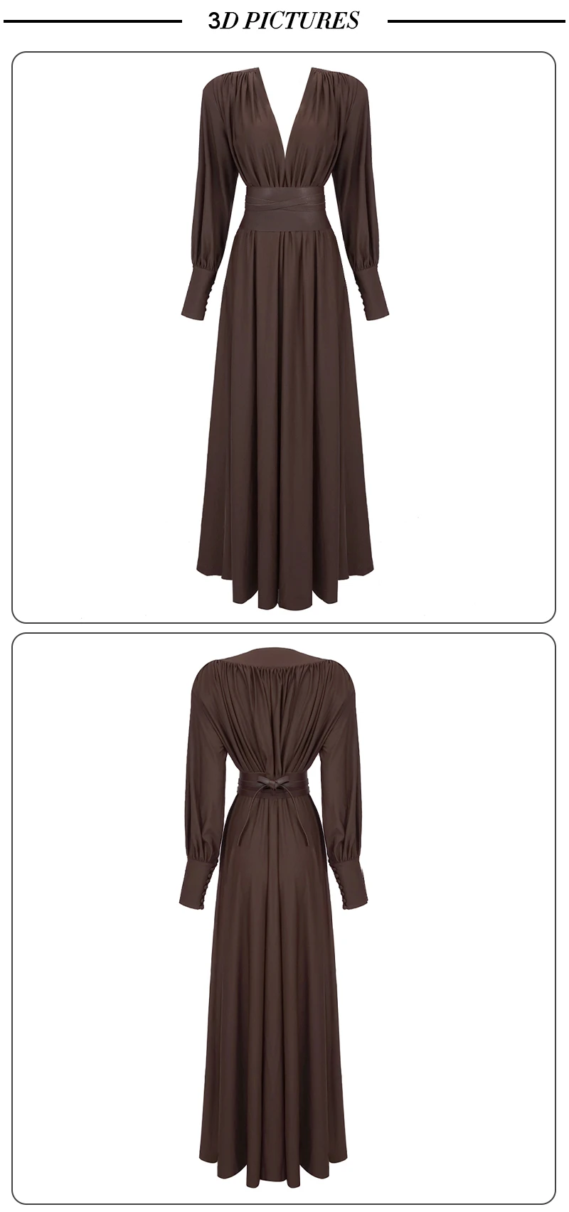 VC 2026 New Fashion Dresses For Women Plunging V Neck High Waist Belt Long Sleeves Wedding Party Dress Brown Gowns