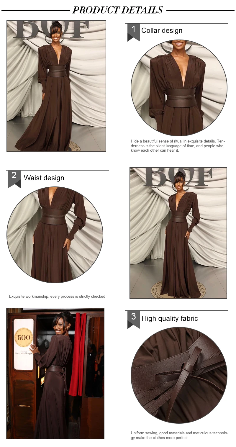 VC 2026 New Fashion Dresses For Women Plunging V Neck High Waist Belt Long Sleeves Wedding Party Dress Brown Gowns