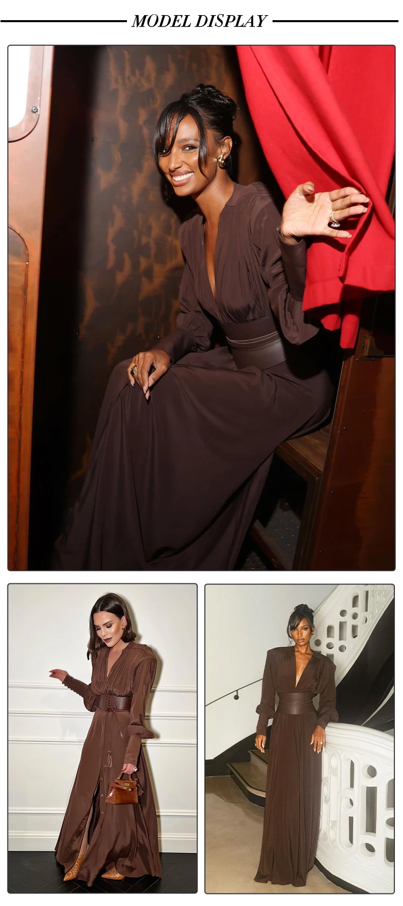VC 2026 New Fashion Dresses For Women Plunging V Neck High Waist Belt Long Sleeves Wedding Party Dress Brown Gowns