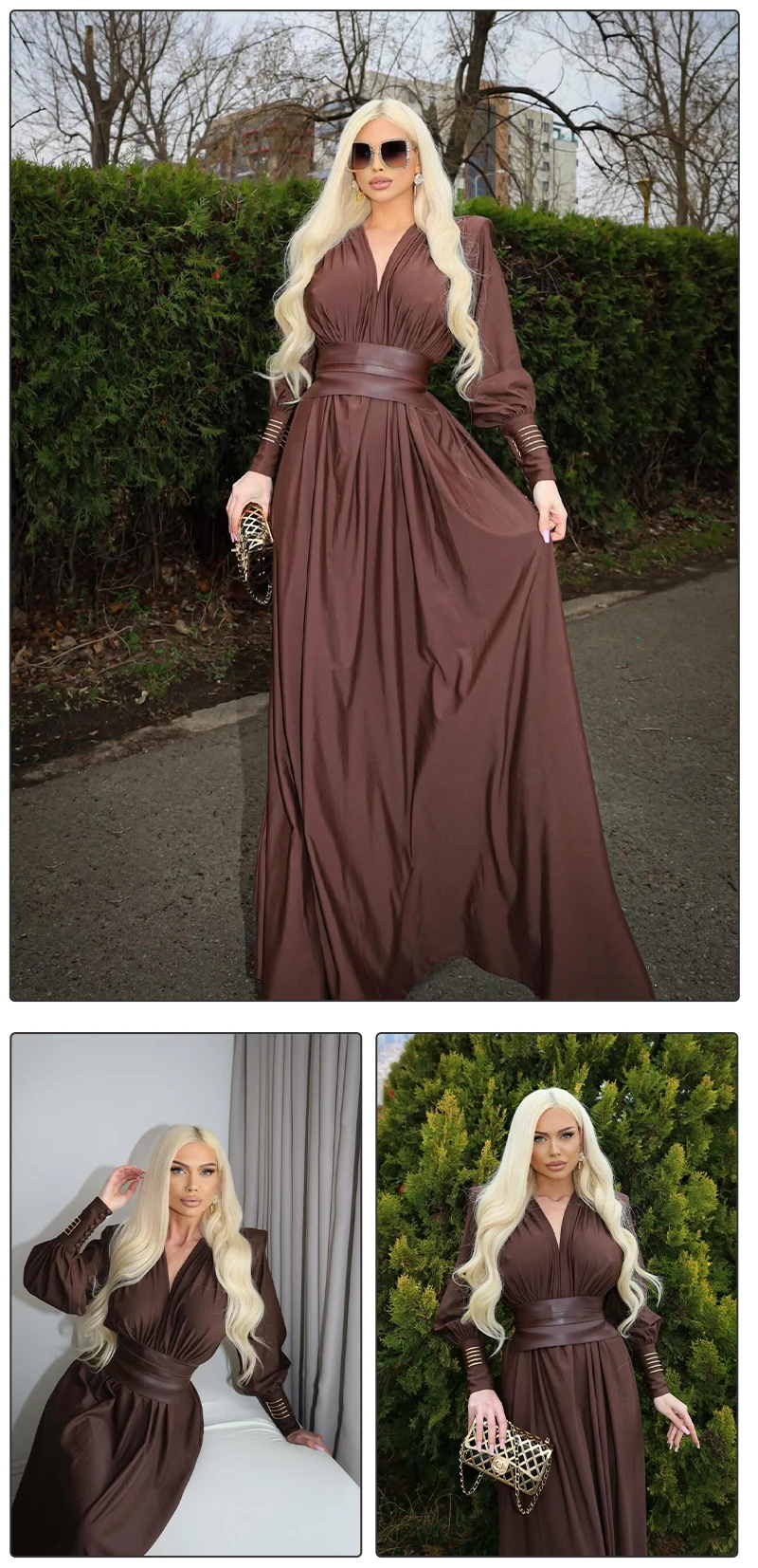 VC 2026 New Fashion Dresses For Women Plunging V Neck High Waist Belt Long Sleeves Wedding Party Dress Brown Gowns