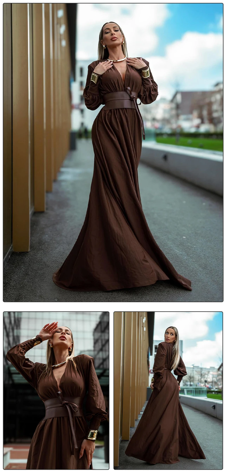 VC 2026 New Fashion Dresses For Women Plunging V Neck High Waist Belt Long Sleeves Wedding Party Dress Brown Gowns