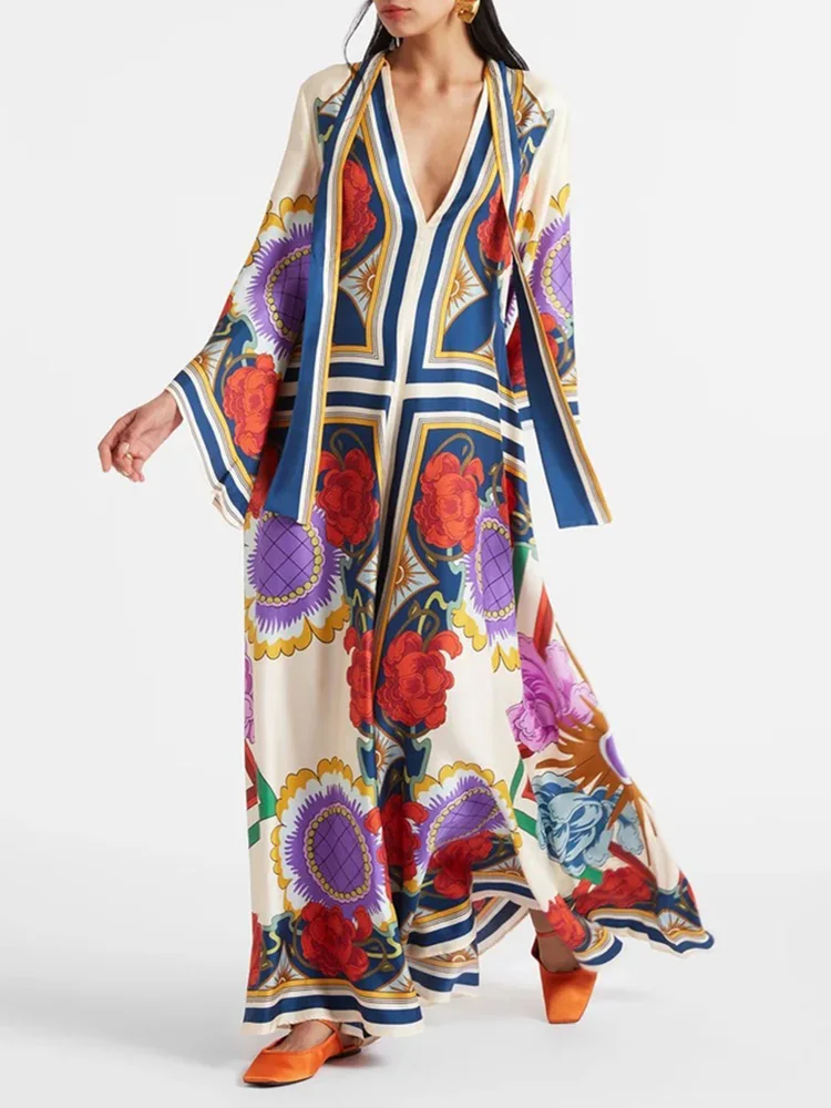 Vintage Print Patchwork Party Dress, Women Spring Summer Loungewear Three Quarter Sleeve Maxi Dress, Lace-Up Loose Ladies Dress