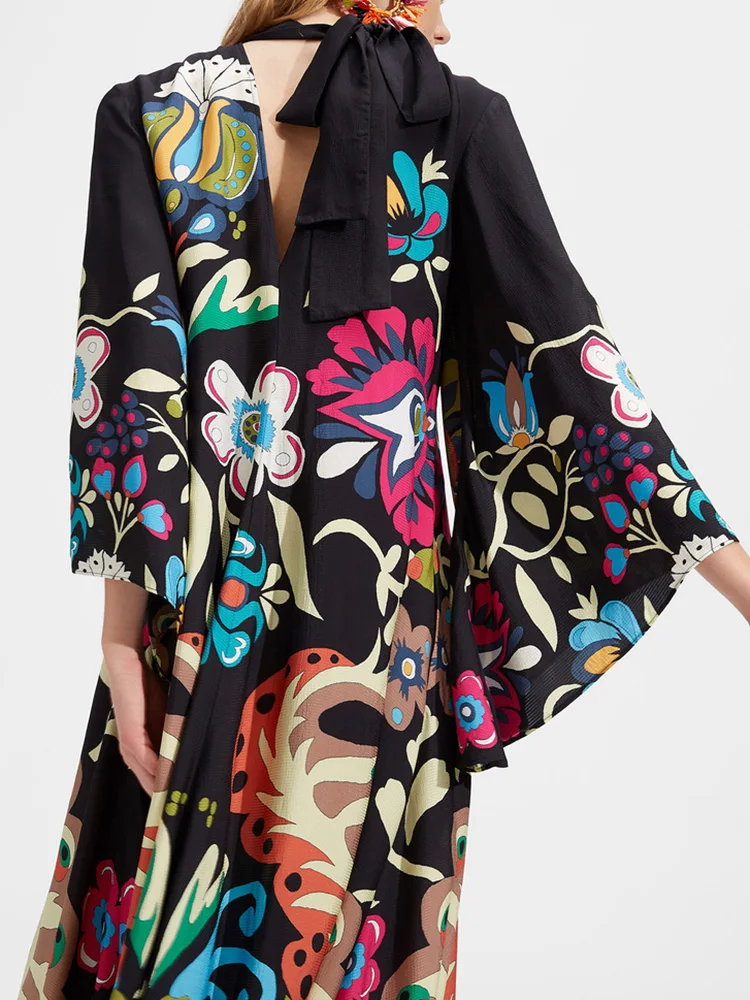 Vintage Print Patchwork Party Dress, Women Spring Summer Loungewear Three Quarter Sleeve Maxi Dress, Lace-Up Loose Ladies Dress