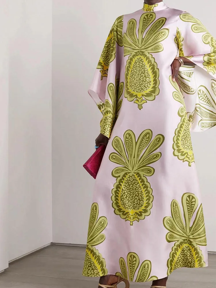 Vintage Print Patchwork Party Dress, Women Spring Summer Loungewear Three Quarter Sleeve Maxi Dress, Lace-Up Loose Ladies Dress