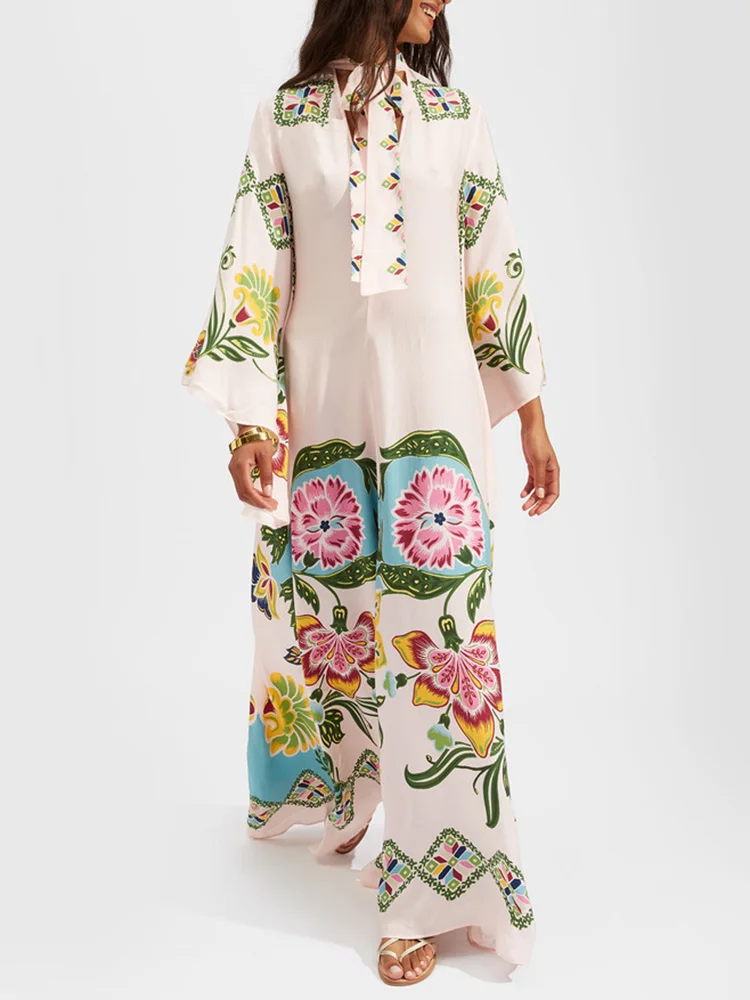 Vintage Print Patchwork Party Dress, Women Spring Summer Loungewear Three Quarter Sleeve Maxi Dress, Lace-Up Loose Ladies Dress