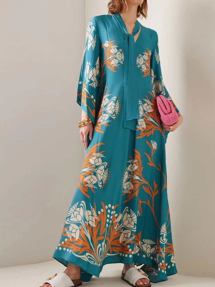 Vintage Print Patchwork Party Dress, Women Spring Summer Loungewear Three Quarter Sleeve Maxi Dress, Lace-Up Loose Ladies Dress