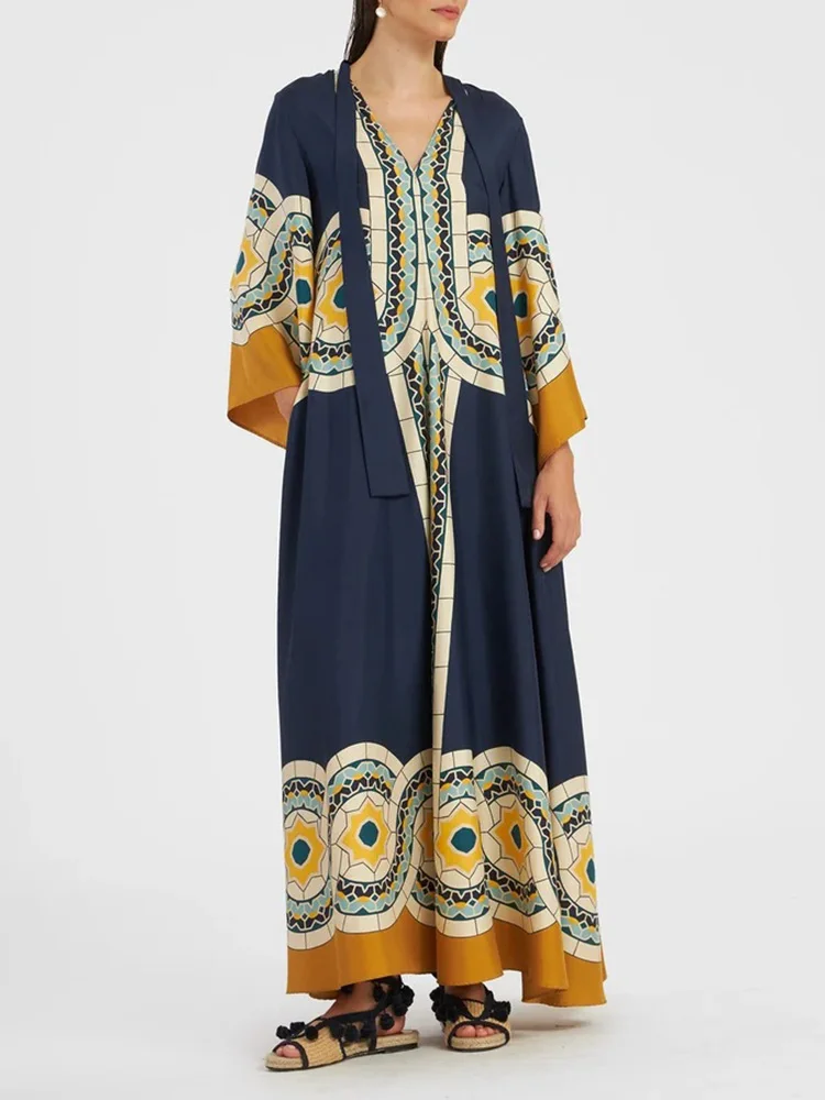 Vintage Print Patchwork Party Dress, Women Spring Summer Loungewear Three Quarter Sleeve Maxi Dress, Lace-Up Loose Ladies Dress