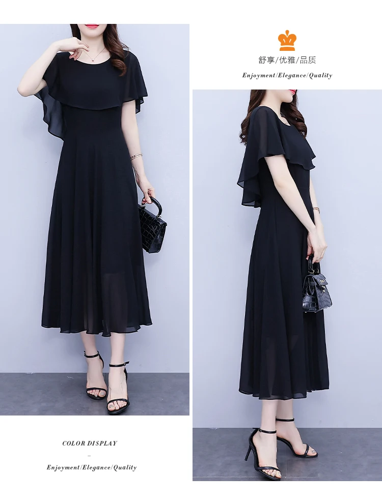 Summer Chiffon Ruffled Casual Beach Holiday Long Dress Women Elegant Bodycon Chic Prom Dress 2024 Black Vintage Party Midi Dress