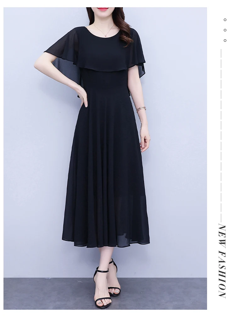 Summer Chiffon Ruffled Casual Beach Holiday Long Dress Women Elegant Bodycon Chic Prom Dress 2024 Black Vintage Party Midi Dress